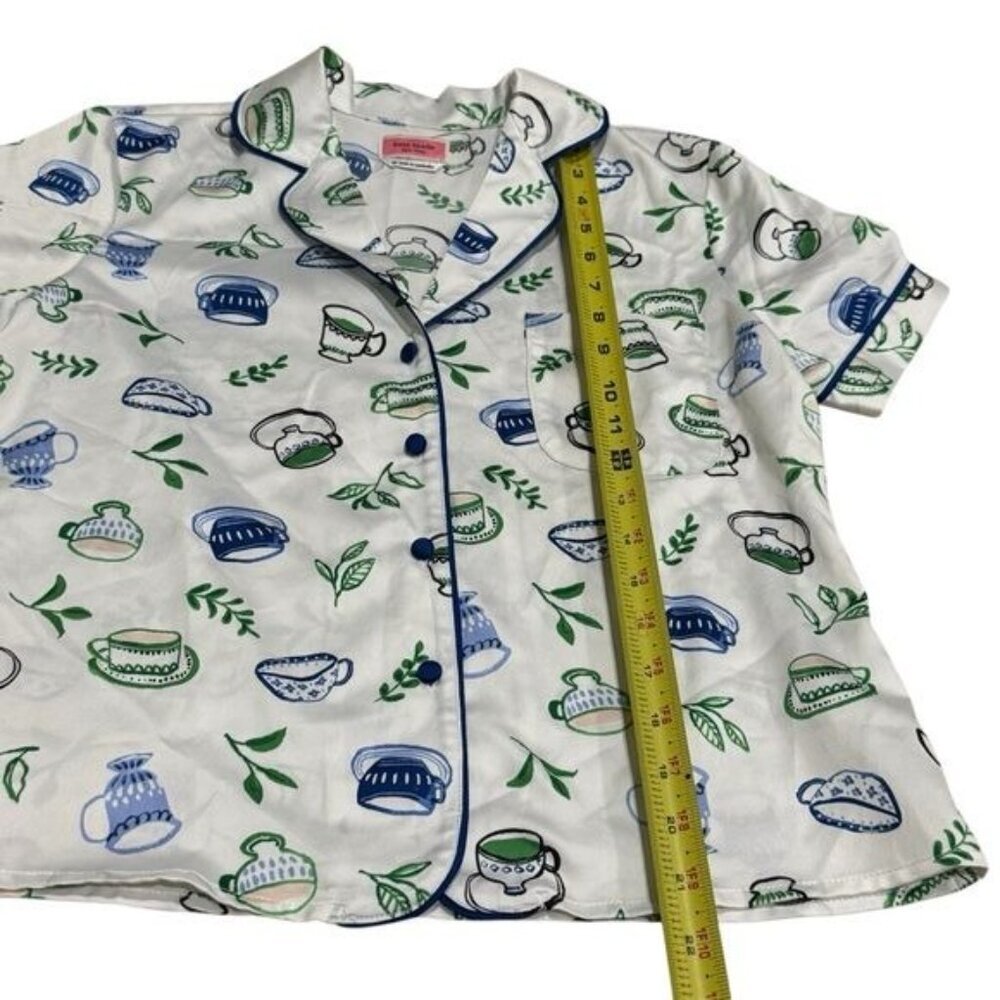 Kate‎ Spade Blue Green Novelty Coffee Print Satin Pajama Top Cozy Feminine XS - Picture 10 of 10